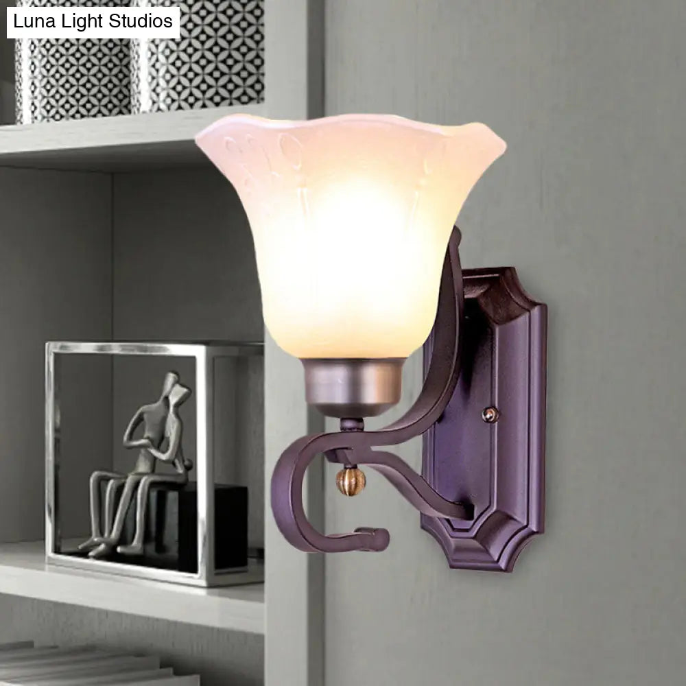 Vintage Blossom Sconce Wall Light With Frosted White Glass In Black Finish