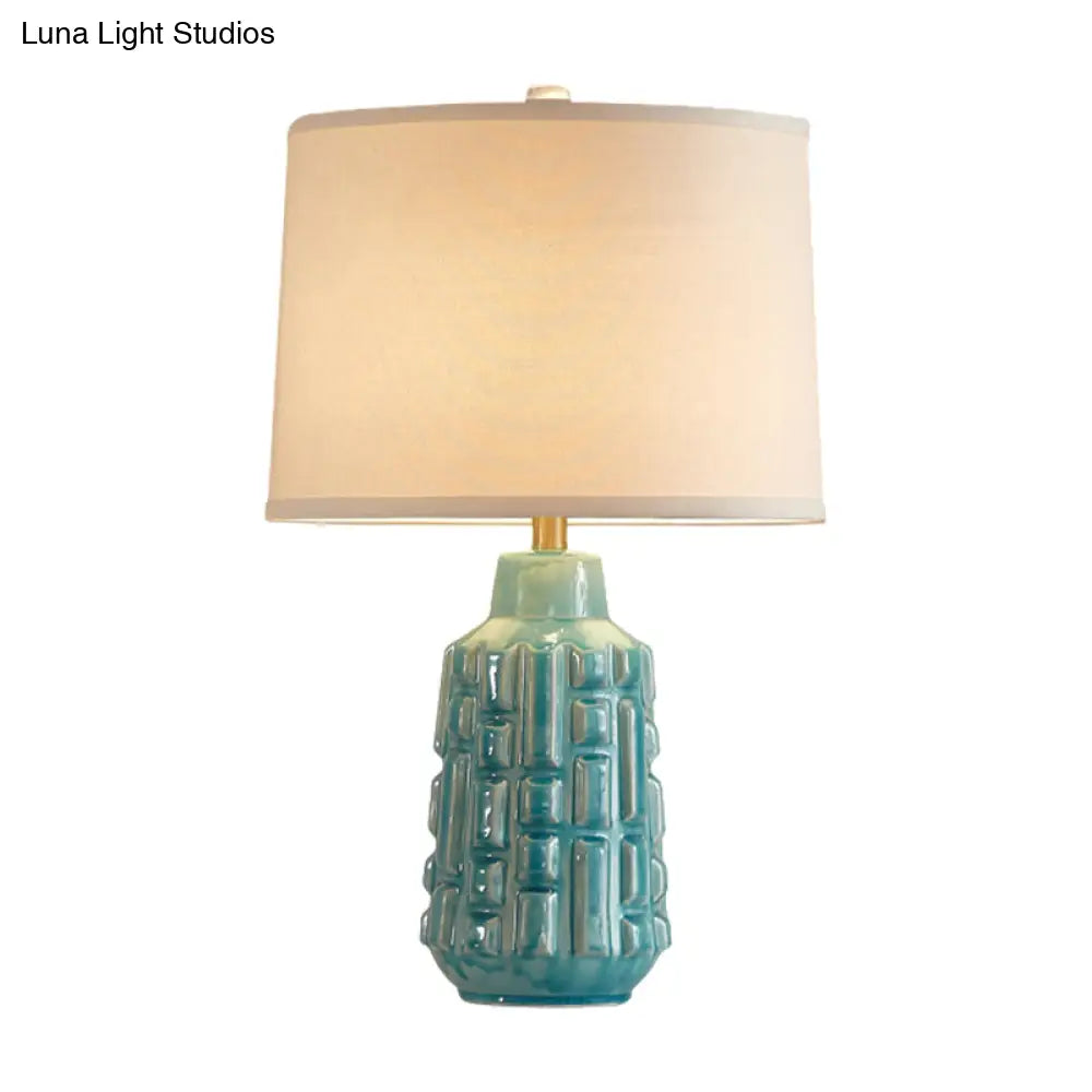 Vintage Blue Bell/Drum Table Lamp With Scalloped Fabric Shade - Ceramic Base For Parlor Nightstand