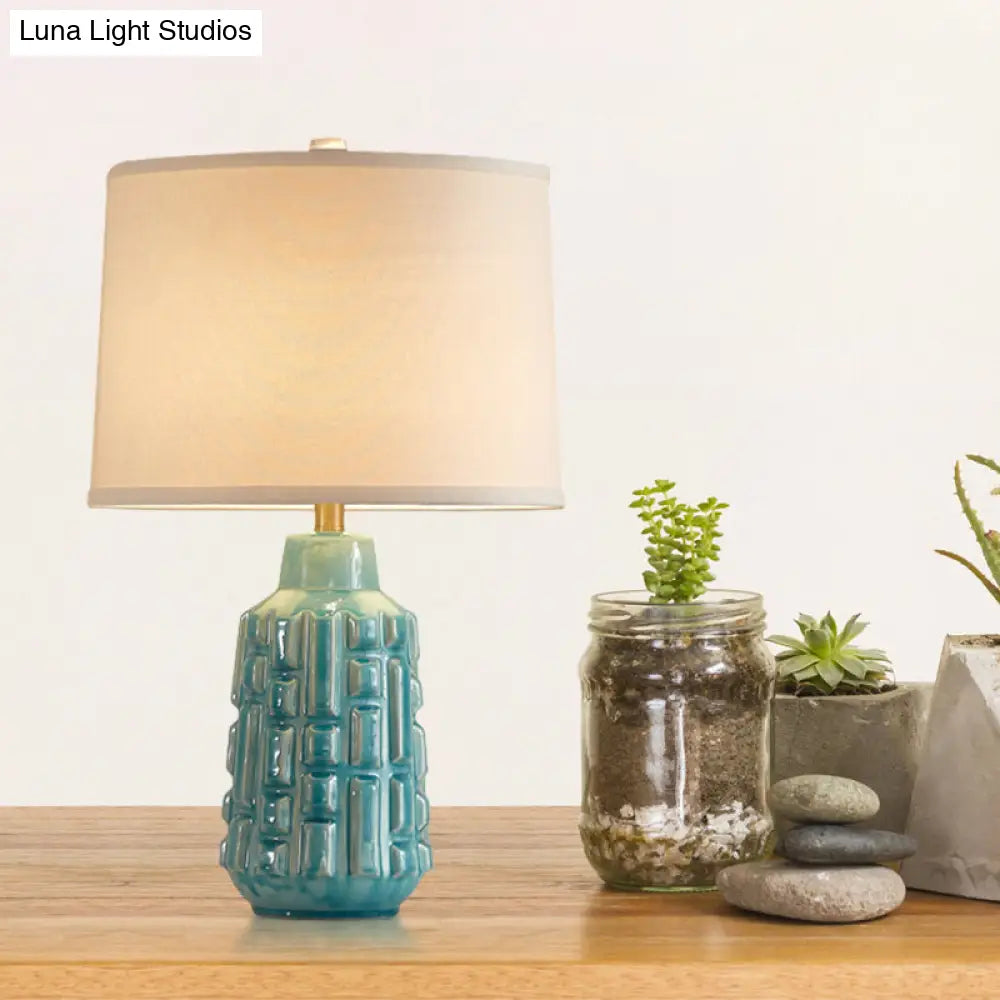Vintage Blue Bell/Drum Table Lamp With Scalloped Fabric Shade - Ceramic Base For Parlor Nightstand