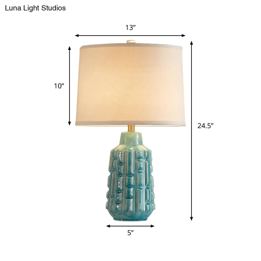 Vintage Blue Bell/Drum Table Lamp With Scalloped Fabric Shade - Ceramic Base For Parlor Nightstand
