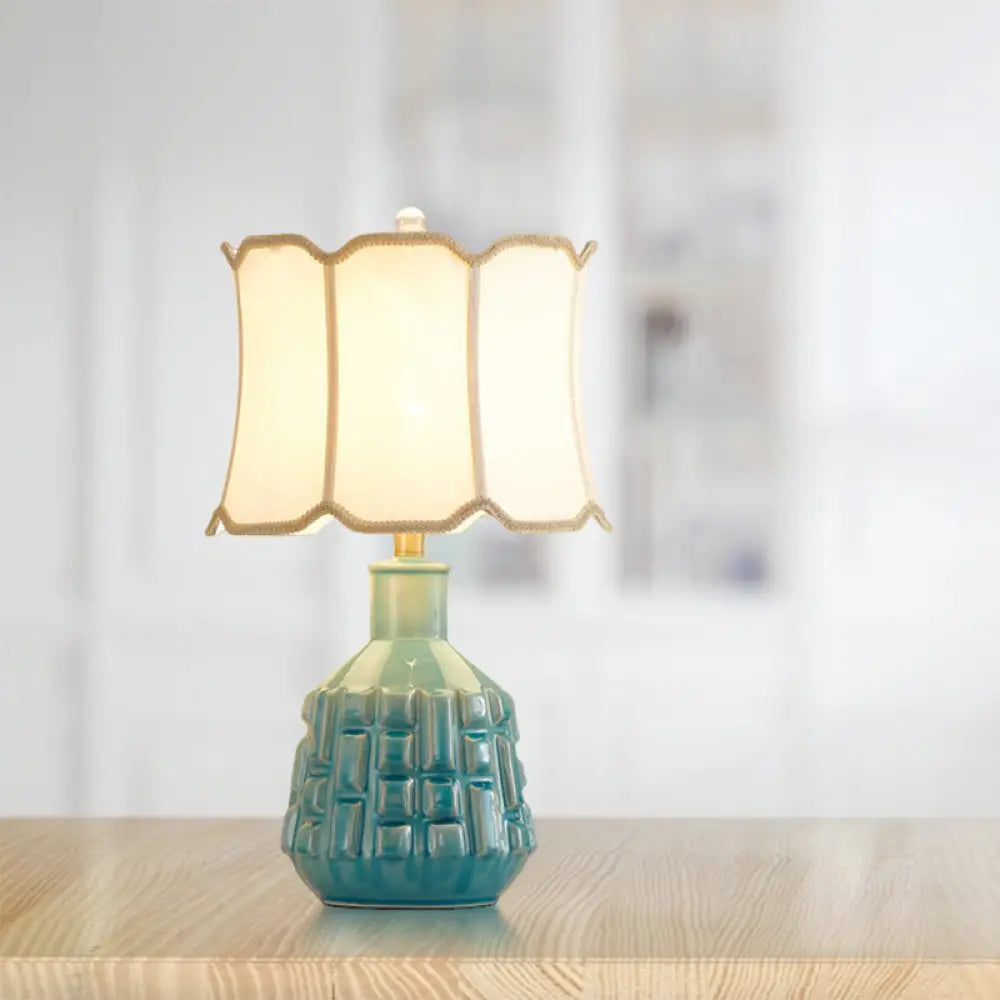 Vintage Blue Bell/Drum Table Lamp With Scalloped Fabric Shade - Ceramic Base For Parlor Nightstand /