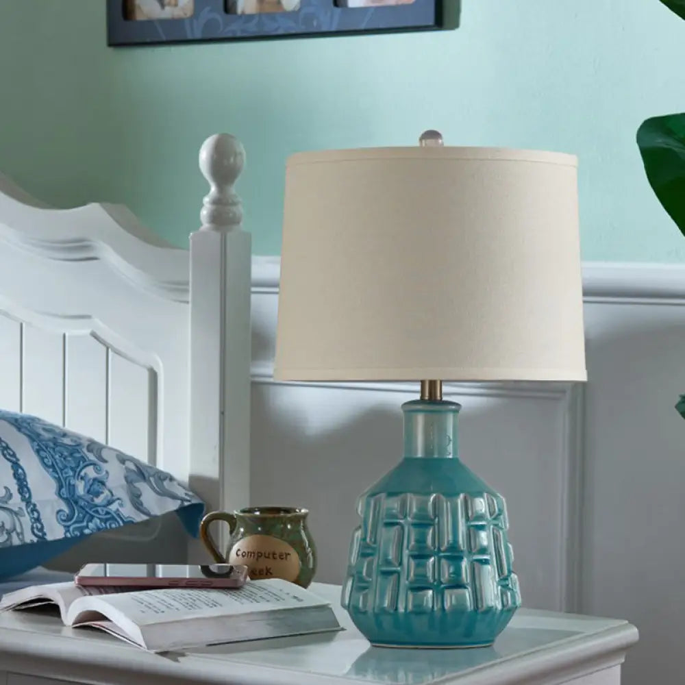 Vintage Blue Bell/Drum Table Lamp With Scalloped Fabric Shade - Ceramic Base For Parlor Nightstand /