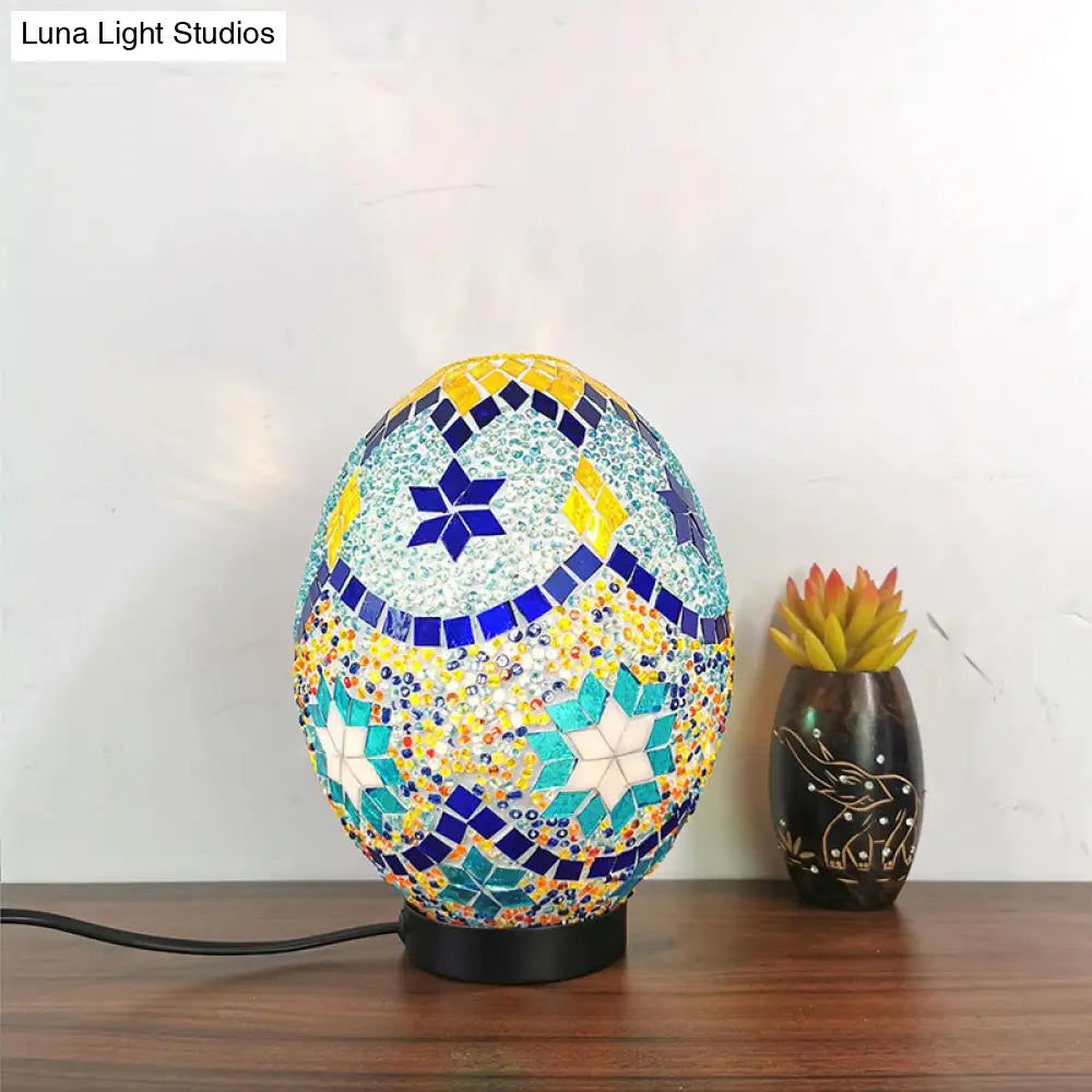 Vintage Blue Stained Glass Table Light For Bedroom Desk - 1-Light Elegant Oval Shade