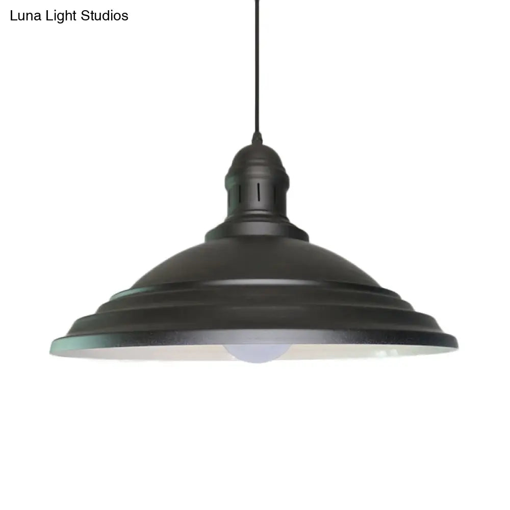 Vintage Bowl Hanging Ceiling Light - Black Metal 1-Head Pendant Lamp With Fluted Design For Balcony