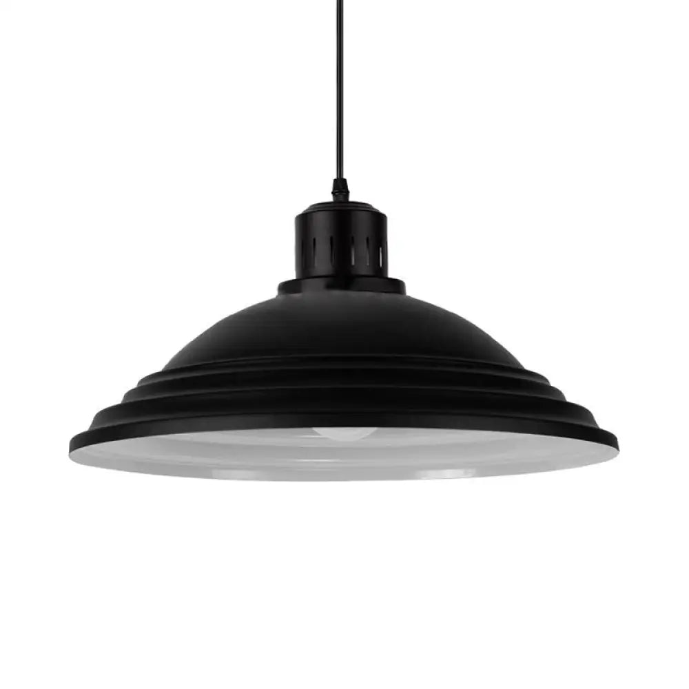 Vintage Bowl Hanging Ceiling Light - Black Metal 1-Head Pendant Lamp With Fluted Design For Balcony