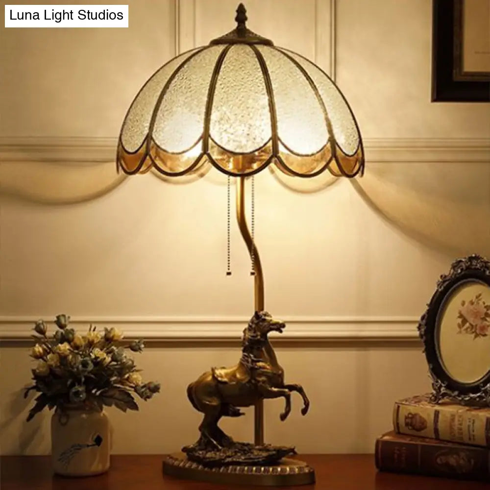 Vintage Brass 2-Light Table Lamp With Water Glass Scalloped Shade Pull Chain And Horse Deco