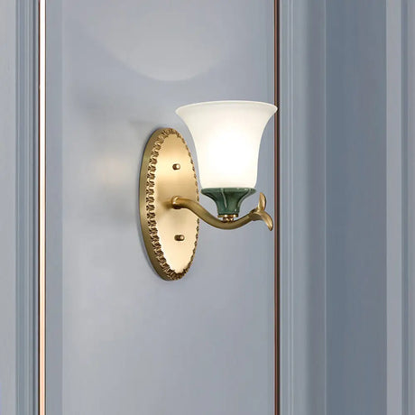 Vintage Brass Bell Sconce With Frosted Glass And Elliptical Backplate For Foyer Lighting 1 /