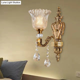 Vintage Brass Bell Wall Sconce With Beveled Crystal Head - Bedroom Light Fixture