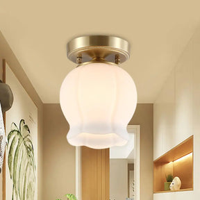 Vintage Brass Bud Semi - Mounted Ceiling Light Fixture With Cream Glass - 1 Bulb