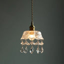 Vintage Brass Ceiling Pendant Light With Clear Glass Flower Design And Teardrop Crystals / Bowl