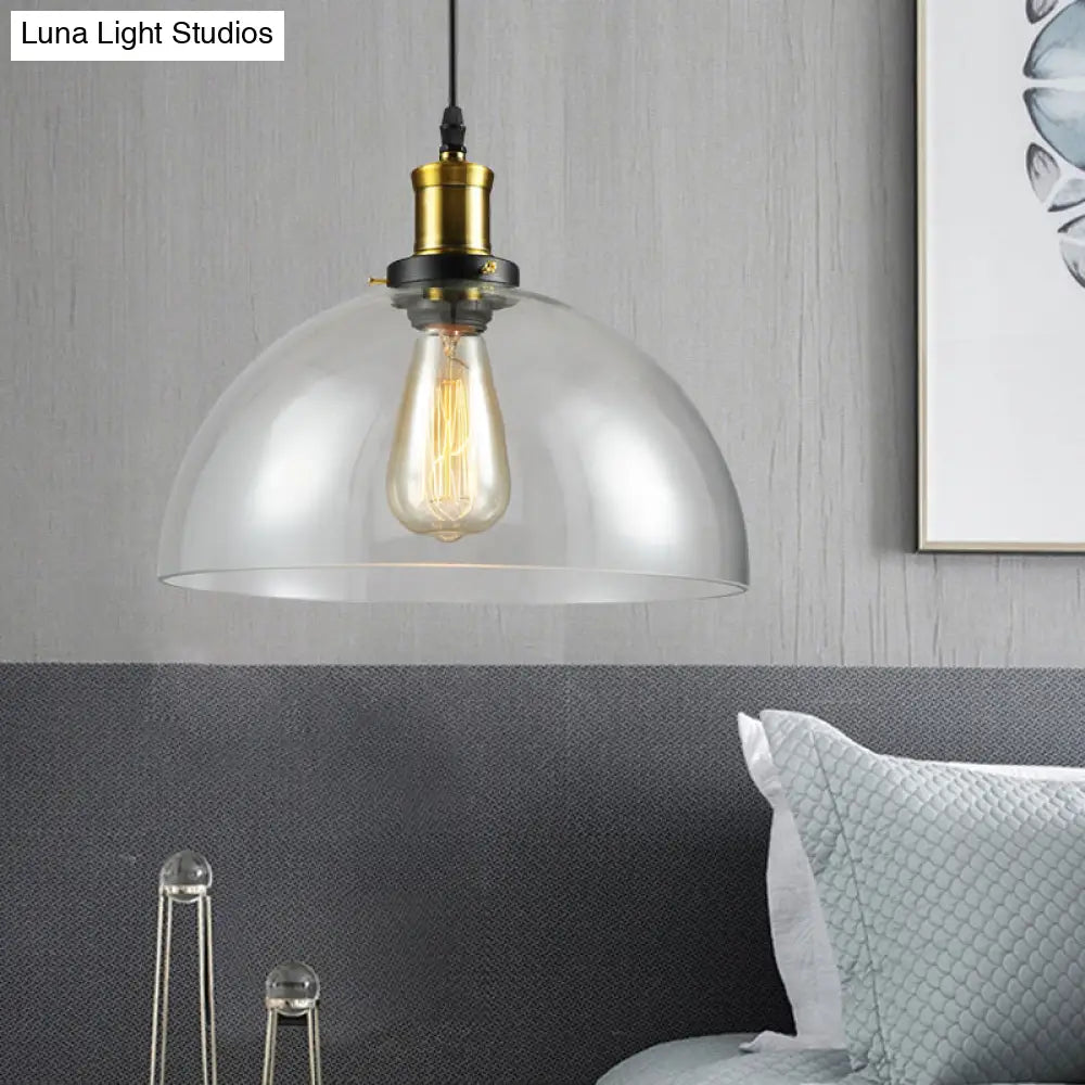 Vintage Brass Clear Glass Ceiling Pendant Light - 1-Light Cylinder/Dome/Schoolhouse Lamp