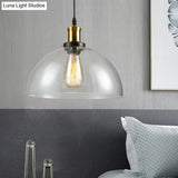 Vintage Brass Clear Glass Ceiling Pendant Light - 1-Light Cylinder/Dome/Schoolhouse Lamp