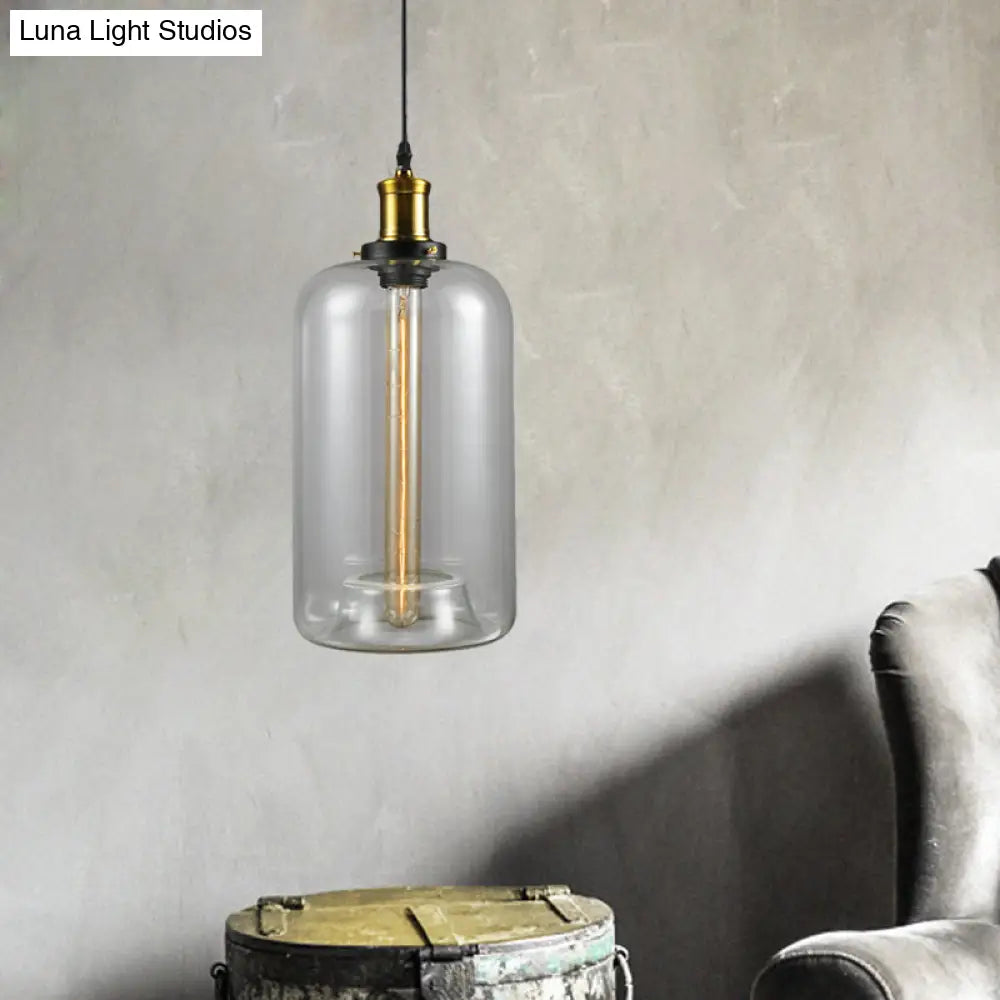 Vintage Brass Clear Glass Ceiling Pendant Light - 1-Light Cylinder/Dome/Schoolhouse Lamp