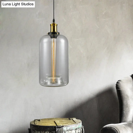 Vintage Brass Clear Glass Ceiling Pendant Light - 1-Light Cylinder/Dome/Schoolhouse Lamp