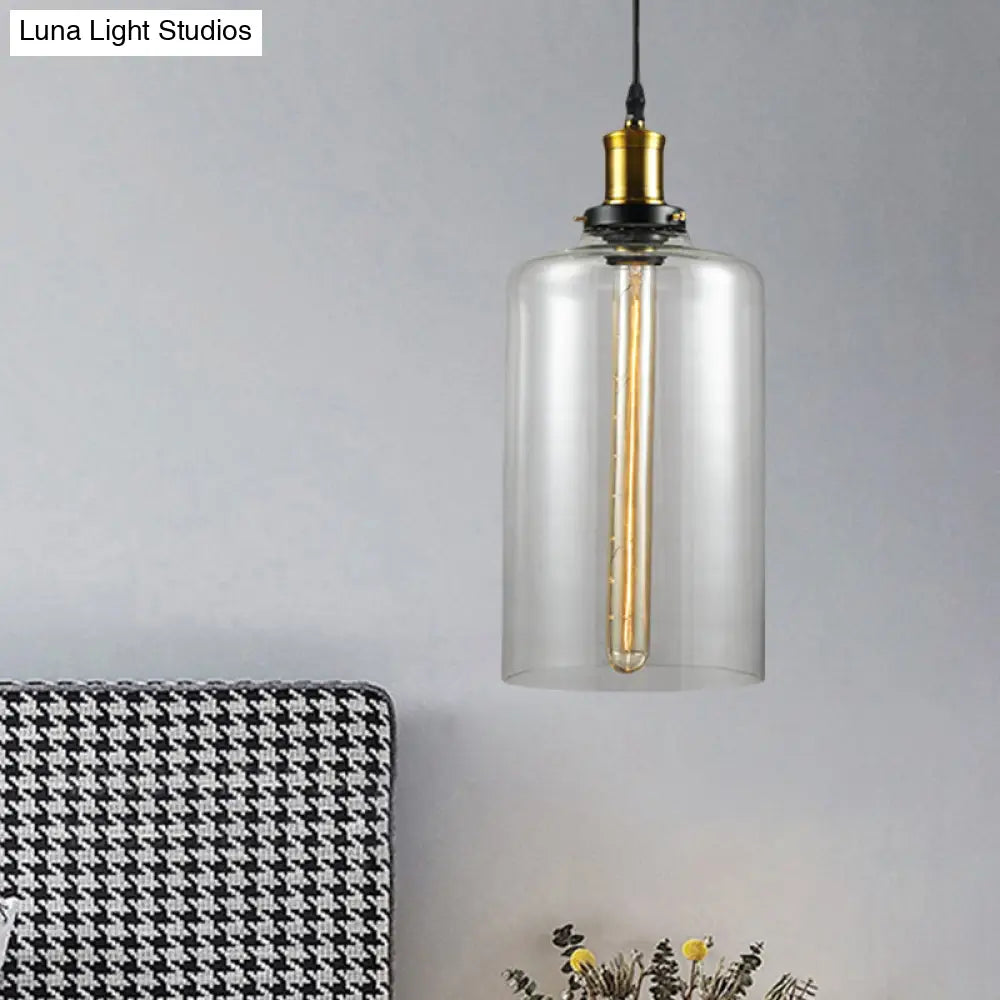 Vintage Brass Clear Glass Ceiling Pendant Light - 1-Light Cylinder/Dome/Schoolhouse Lamp