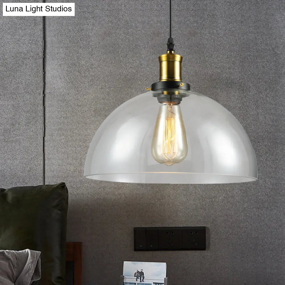 Vintage Brass Clear Glass Ceiling Pendant Light - 1-Light Cylinder/Dome/Schoolhouse Lamp