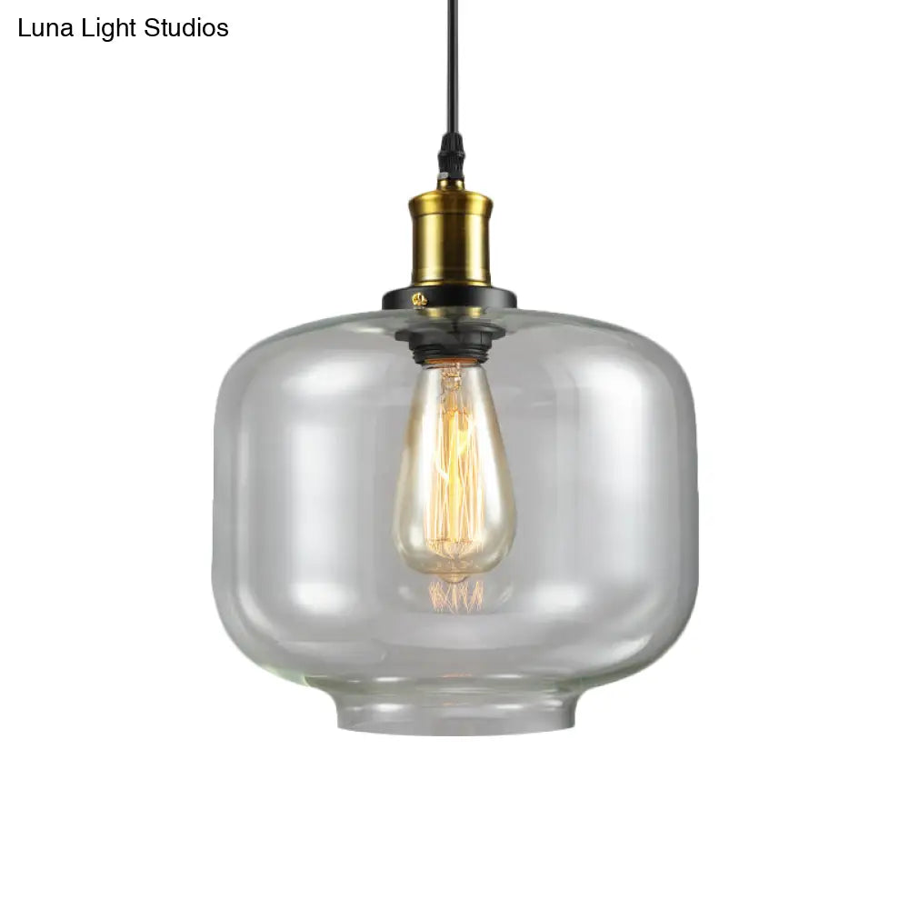 Vintage Brass Clear Glass Ceiling Pendant Light - 1-Light Cylinder/Dome/Schoolhouse Lamp