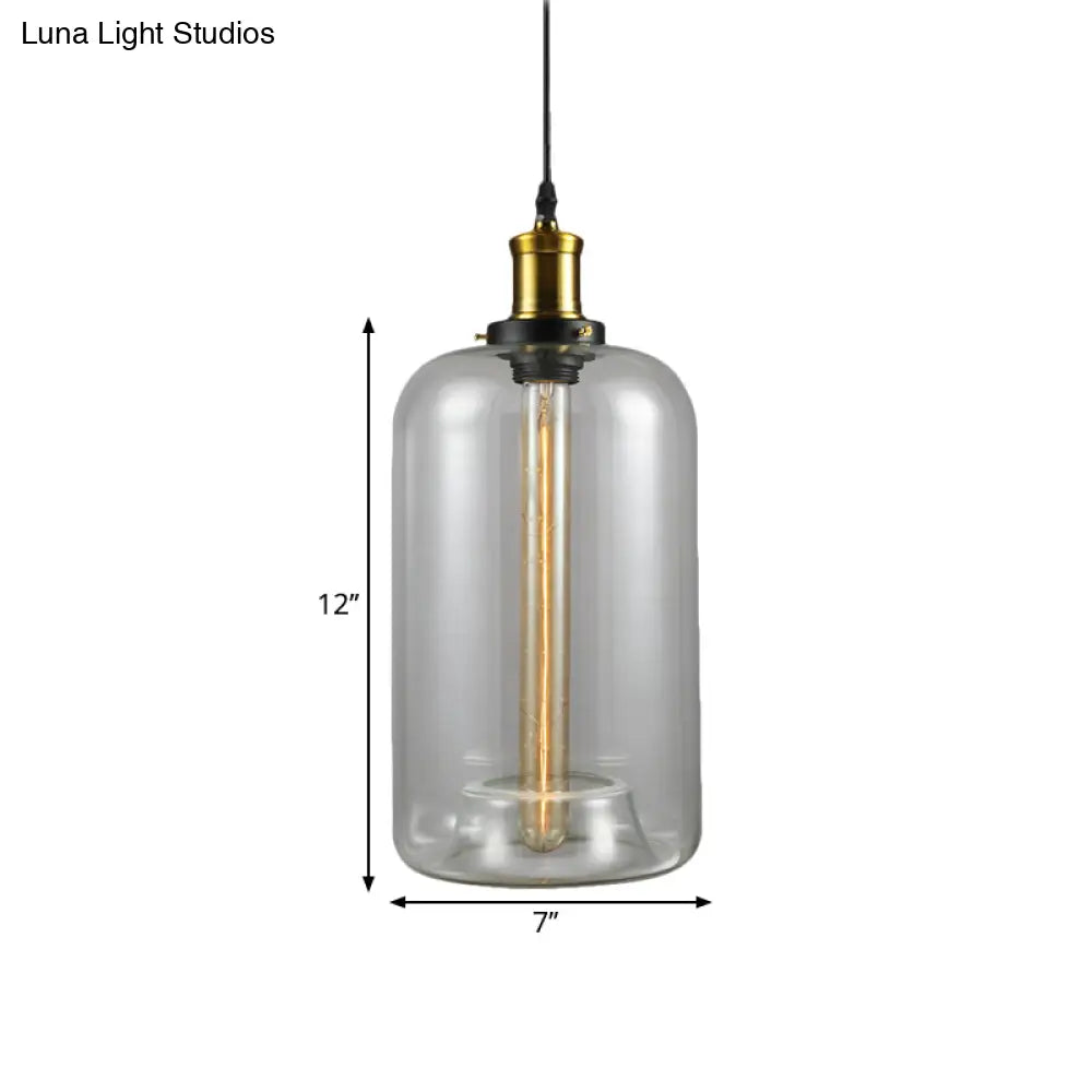 Vintage Brass Clear Glass Ceiling Pendant Light - 1-Light Cylinder/Dome/Schoolhouse Lamp