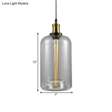 Vintage Brass Clear Glass Ceiling Pendant Light - 1-Light Cylinder/Dome/Schoolhouse Lamp