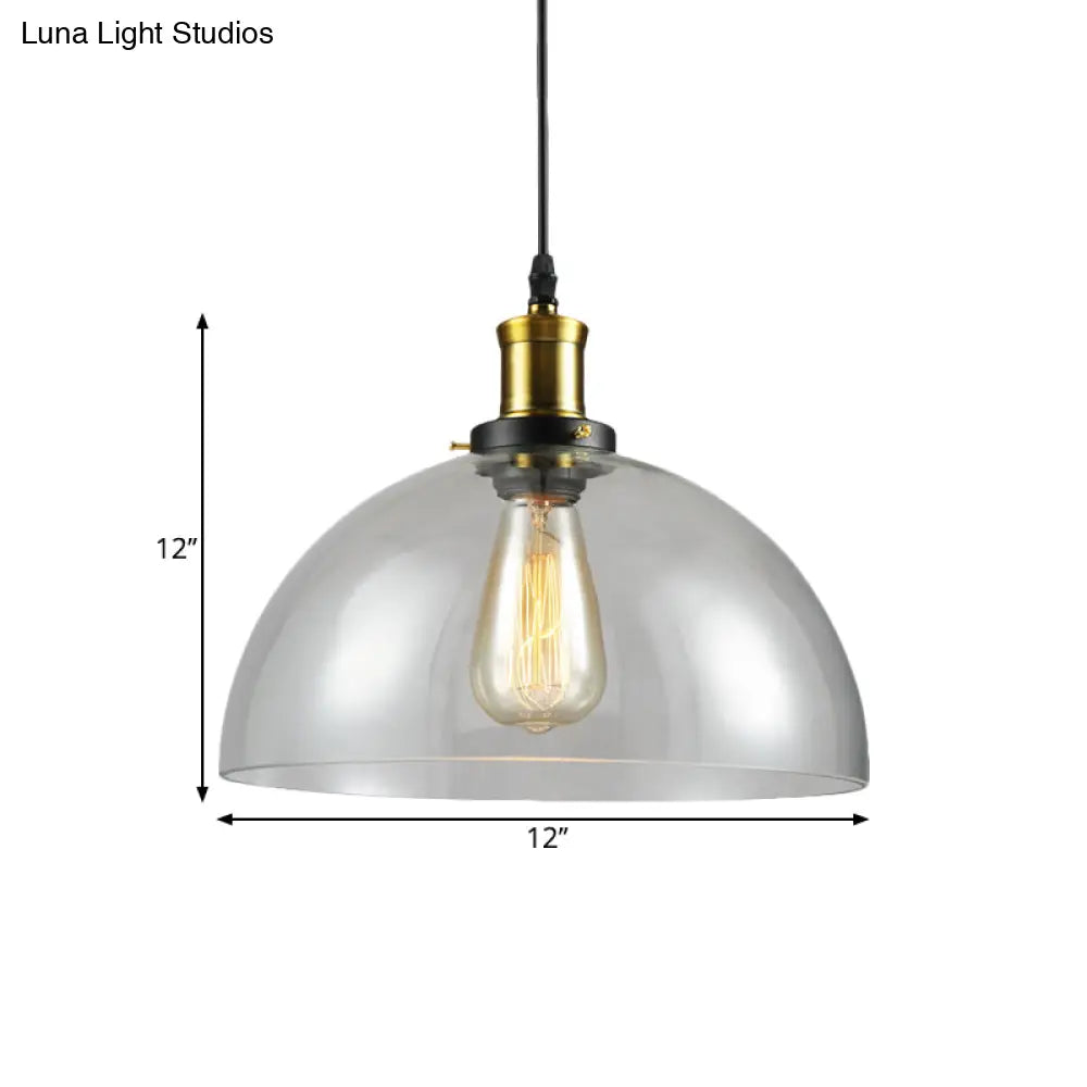 Vintage Brass Clear Glass Ceiling Pendant Light - 1-Light Cylinder/Dome/Schoolhouse Lamp