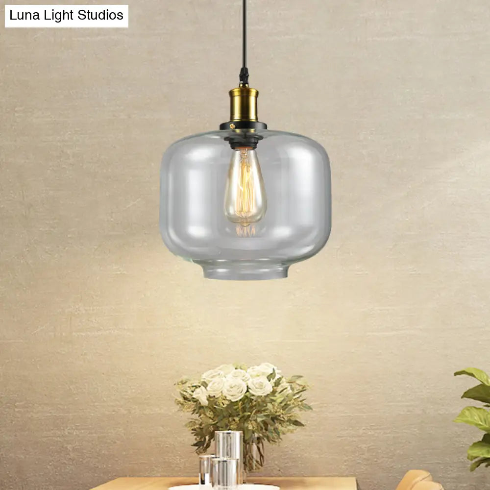 Vintage Brass Clear Glass Ceiling Pendant Light - 1-Light Cylinder/Dome/Schoolhouse Lamp