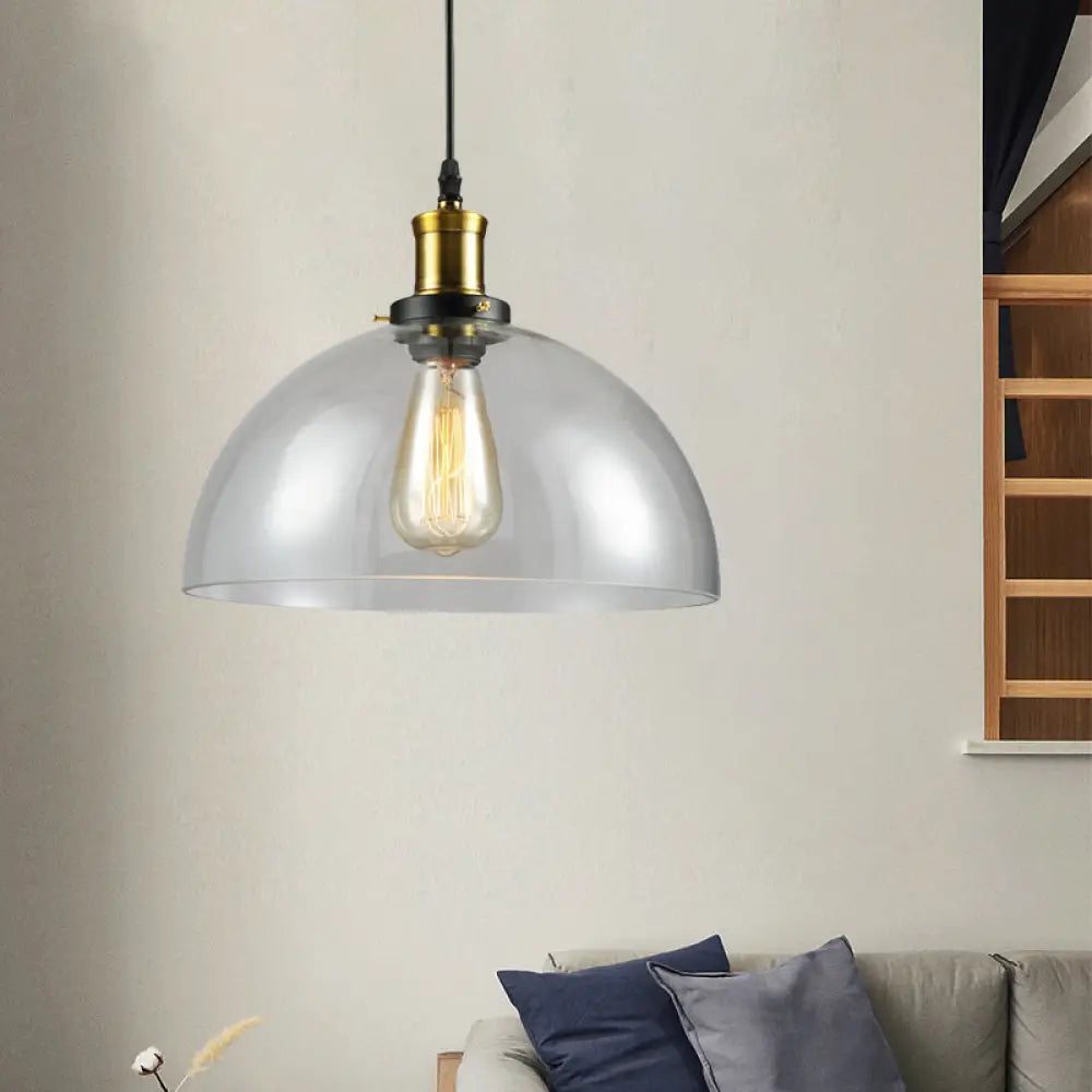 Vintage Brass Clear Glass Ceiling Pendant Light - 1-Light Cylinder/Dome/Schoolhouse Lamp / D