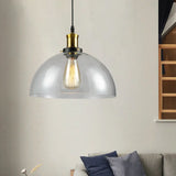 Vintage Brass Clear Glass Ceiling Pendant Light - 1-Light Cylinder/Dome/Schoolhouse Lamp / D