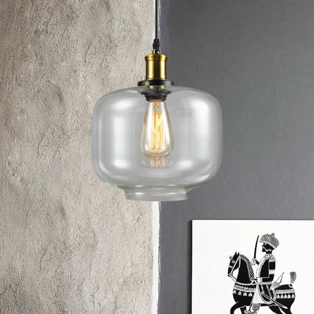 Vintage Brass Clear Glass Ceiling Pendant Light - 1-Light Cylinder/Dome/Schoolhouse Lamp / F