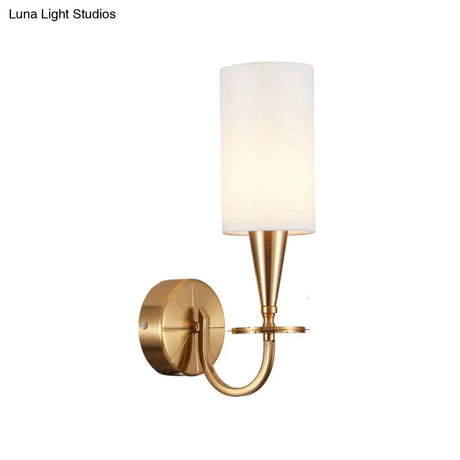 Vintage Brass Cylinder Wall Sconce With Fabric Shade And Arched Metal Arm - Ideal For Bedroom