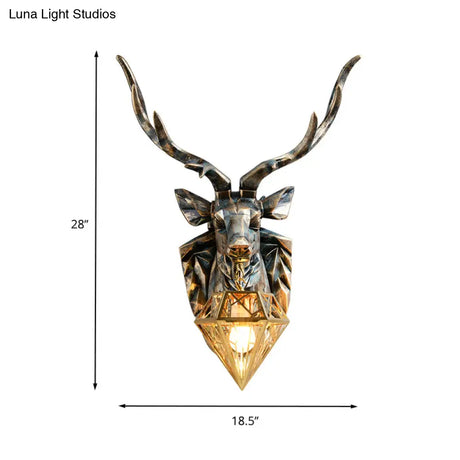 Vintage Brass Diamond Sconce Light With Resin Deer Decoration - Wall Lamp 16/18.5 Wide