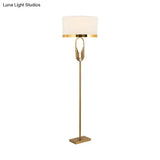 Vintage Brass Fabric Drum Floor Lamp - Single Bulb Standing Lighting For Living Room