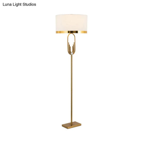 Vintage Brass Fabric Drum Floor Lamp - Single Bulb Standing Lighting For Living Room
