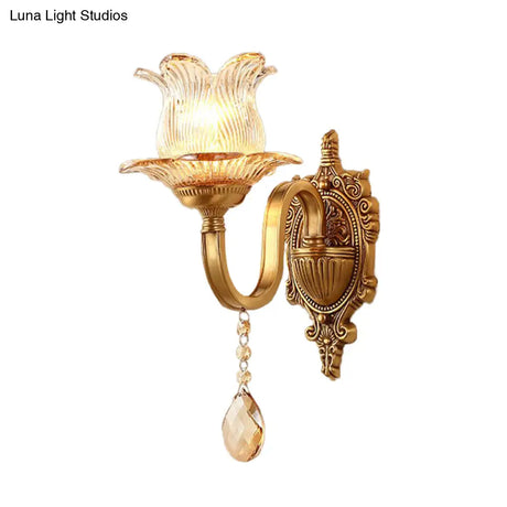 Vintage Brass Floral Sconce Light Fixture With Clear Prismatic Glass - Led Wall Mounted Lamp For