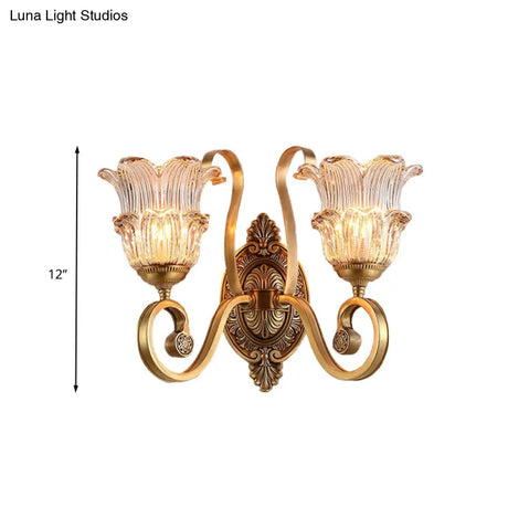 Vintage Brass Floral Sconce Light Fixture With Clear Prismatic Glass - Led Wall Mounted Lamp For