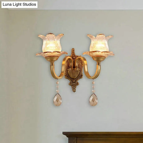 Vintage Brass Floral Sconce Light Fixture With Clear Prismatic Glass - Led Wall Mounted Lamp For