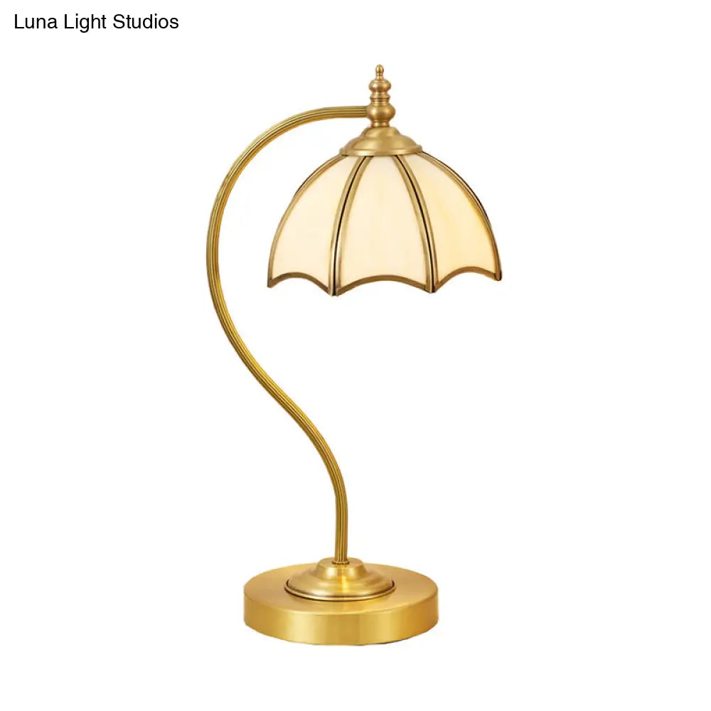 Vintage Brass Gooseneck Table Light With Scalloped White Glass Shade - Bedroom Nightlight