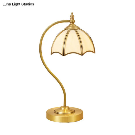 Vintage Brass Gooseneck Table Light With Scalloped White Glass Shade - Bedroom Nightlight