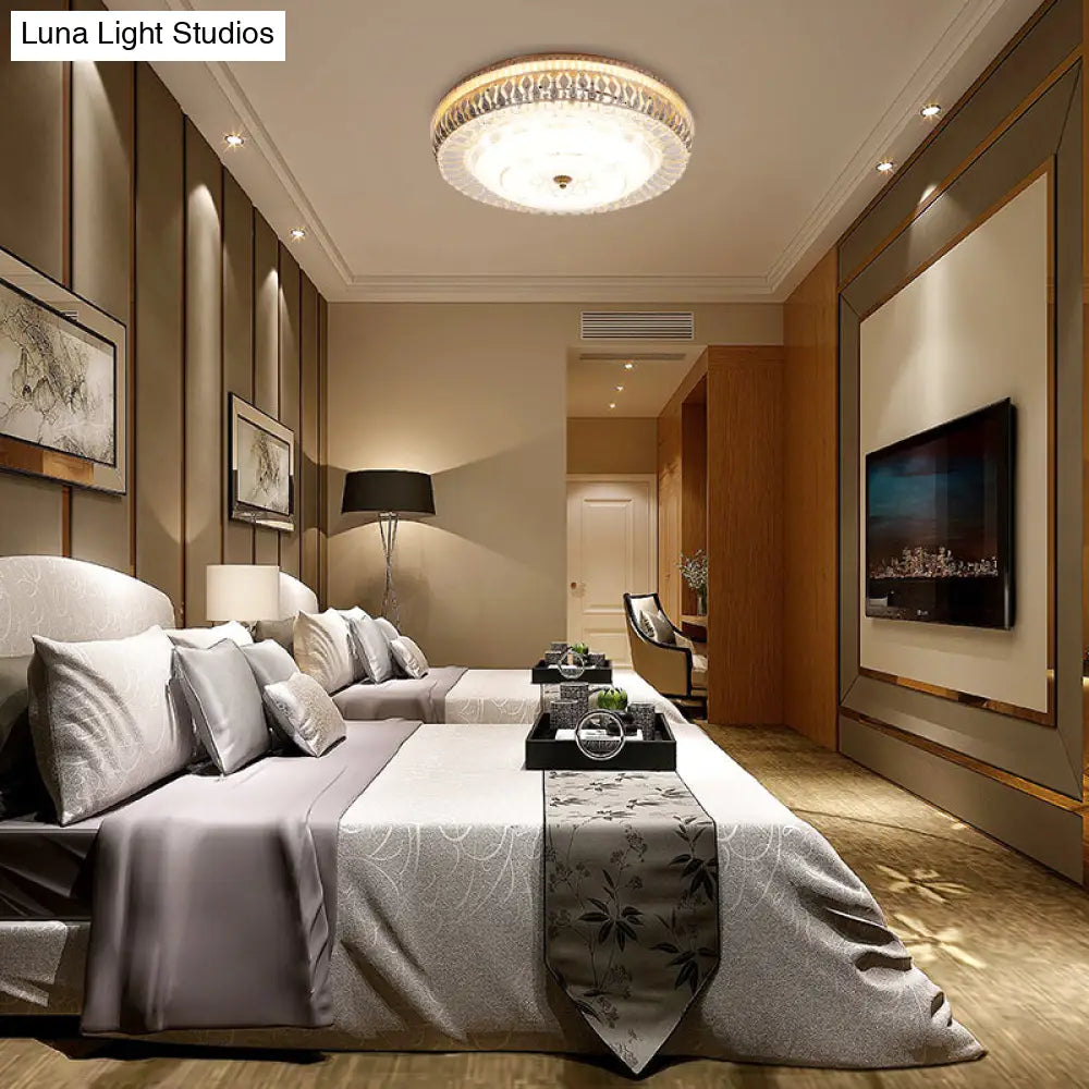Vintage Brass Led Ceiling Light Fixture With Crystal Flush Mount Lamp And White Glass Shade -