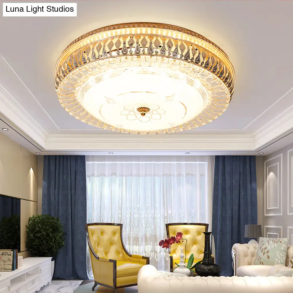 Vintage Brass Led Ceiling Light Fixture With Crystal Flush Mount Lamp And White Glass Shade -