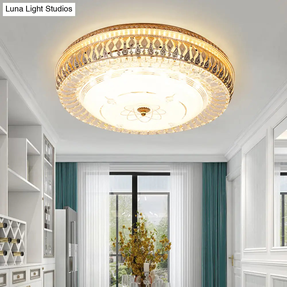 Vintage Brass Led Ceiling Light Fixture With Crystal Flush Mount Lamp And White Glass Shade -