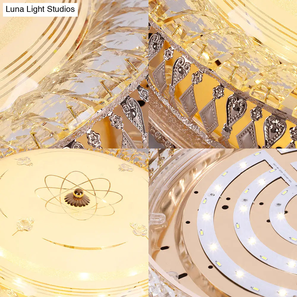 Vintage Brass Led Ceiling Light Fixture With Crystal Flush Mount Lamp And White Glass Shade -