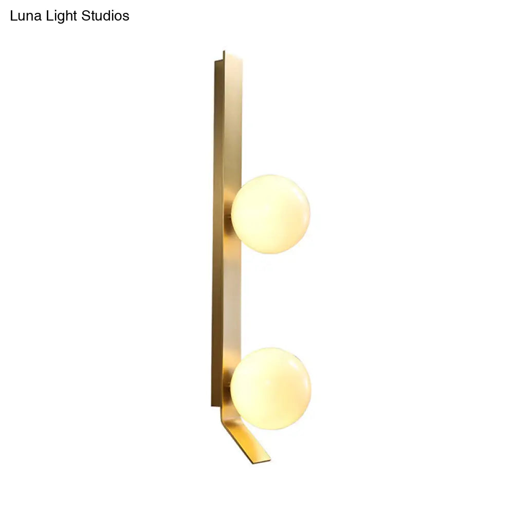 Vintage Brass Linear Wall Light With Orb Ivory Glass Shade - Metallic Sconce Lamp (2-Head Fixture)