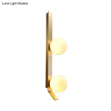 Vintage Brass Linear Wall Light With Orb Ivory Glass Shade - Metallic Sconce Lamp (2-Head Fixture)