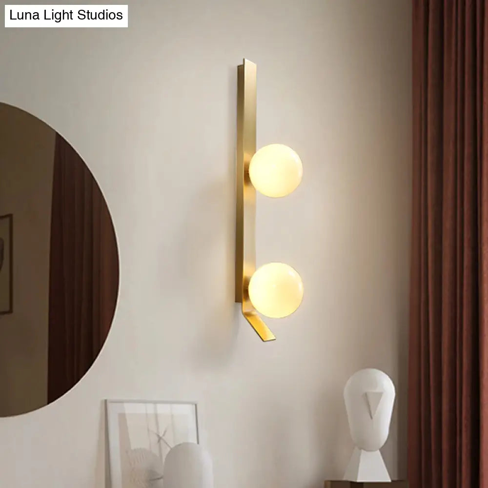 Vintage Brass Linear Wall Light With Orb Ivory Glass Shade - Metallic Sconce Lamp (2-Head Fixture)