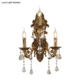 Vintage Brass Metal Sconce Light With Crystal Drip Accents - 3 Heads Candle Wall Fixture