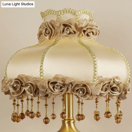 Vintage Brass Nightstand Lamp With Fabric Flower Table Light And Beaded Trim