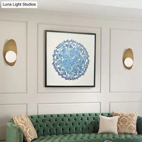 Vintage Brass Oval Wall Sconce Lamp With White Glass Shade - Postmodern Design
