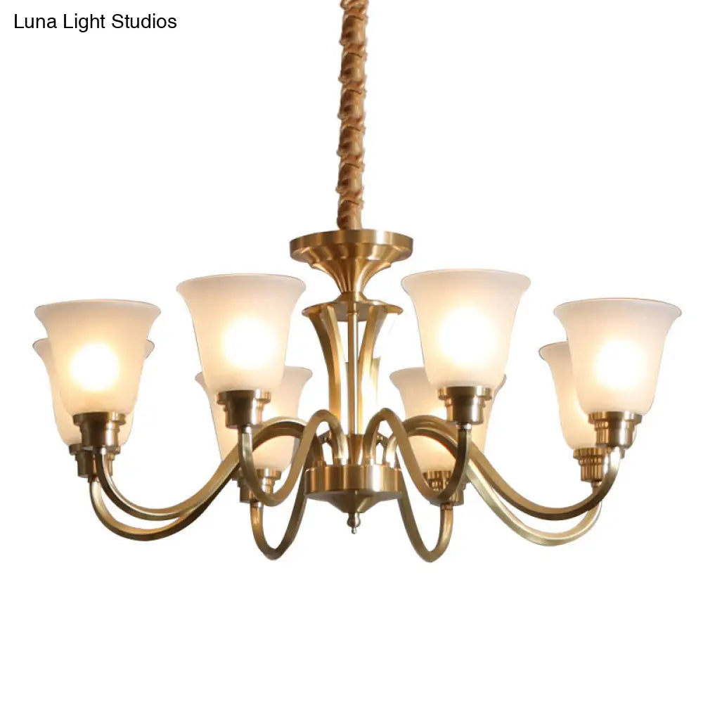 Vintage Brass Pendant Chandelier With Frosted Glass For Flared Stair Ceilings