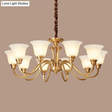 Vintage Brass Pendant Chandelier With Frosted Glass For Flared Stair Ceilings
