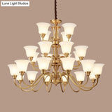 Vintage Brass Pendant Chandelier With Frosted Glass For Flared Stair Ceilings